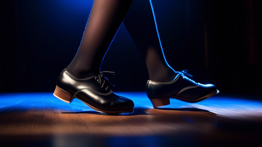A person wearing black tap shoes with non-slip soles, dancing on a wooden stage. The soles of the shoes are glowing with a blue light, indicating their non-slip properties. The background is a dark th
