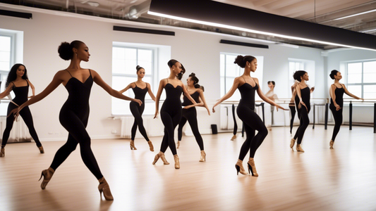 A sleek, modern dance studio with a Latin dance class in progress. The dancers are all wearing stylish, form-fitting outfits that accentuate their every move. The camera is focused on a pair of dancer