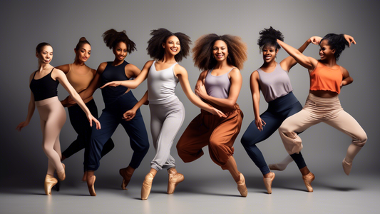 Create an image of a diverse group of dancers wearing comfortable and stylish dance attire, showcasing a range of styles suitable for different dance genres such as ballet, hip-hop, contemporary, and salsa. The dancers should be pictured in a studio 