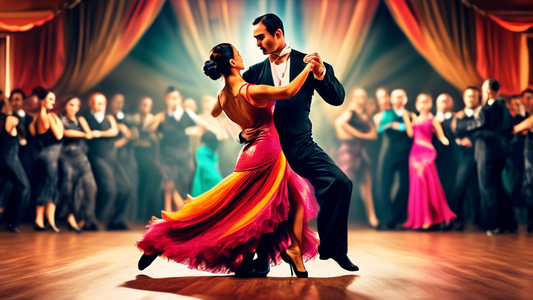 Create an image of a ballroom tango competition with professional dancers showcasing their intricately designed costumes.