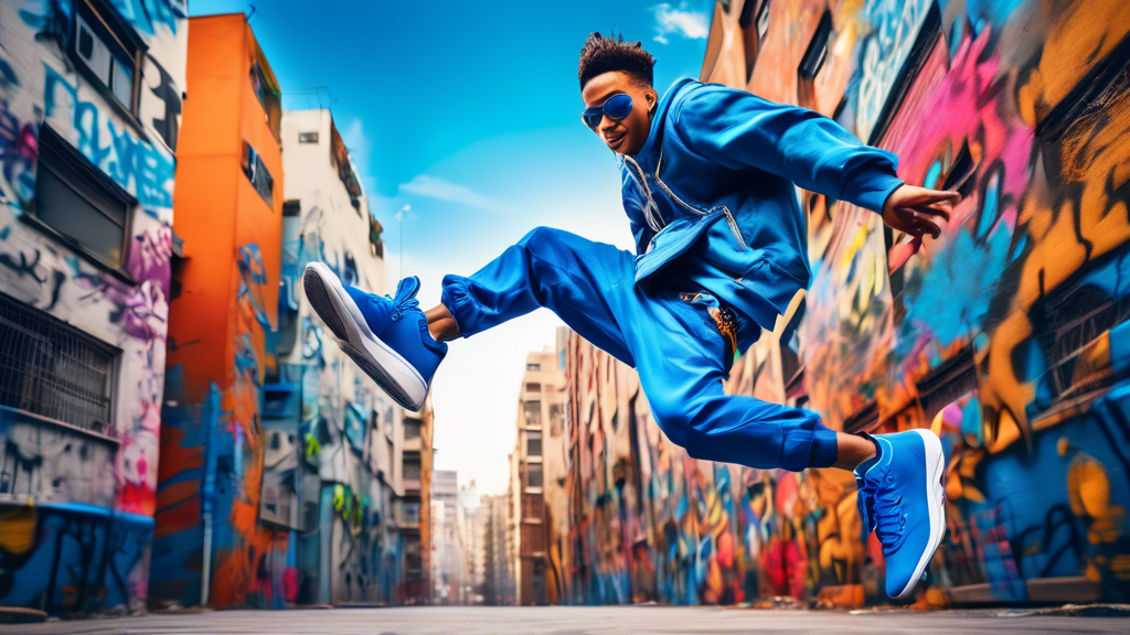 A vibrant street dancer with electric blue sneakers leaps mid-air against a backdrop of towering graffiti-covered buildings in a bustling cityscape, exuding agility and urban flair.