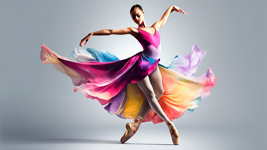 Create an image of a dancer gracefully moving in beautiful and elegant dancewear, while showcasing an affordable price tag. Capture the balance between affordability and sophistication in the design of the dance attire.