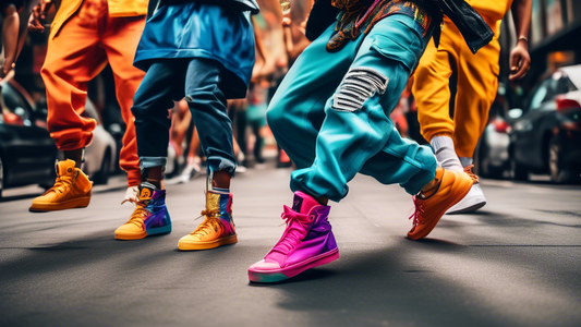 A vibrant street scene with dancers wearing stylish and modern footwear that embodies the energy and spirit of hip hop culture. Capture the rhythm and movement of the dancers, showcasing the shoes' fu