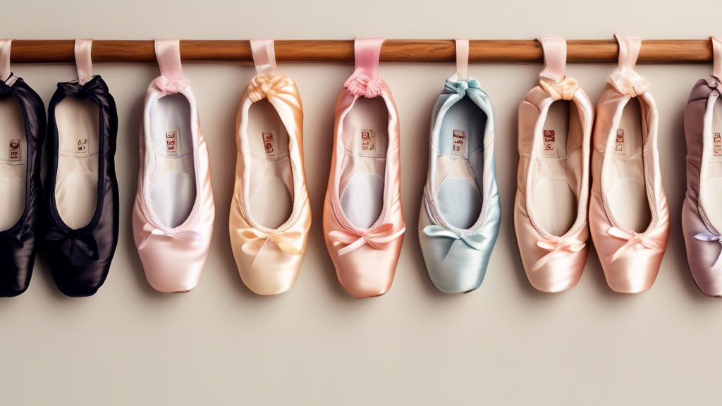 Create an image of several pairs of ballet shoes lined up in a row, showcasing a variety of styles and colors. Each pair should be in pristine condition and displayed in a visually appealing way to attract new dancers looking for their first pair of 