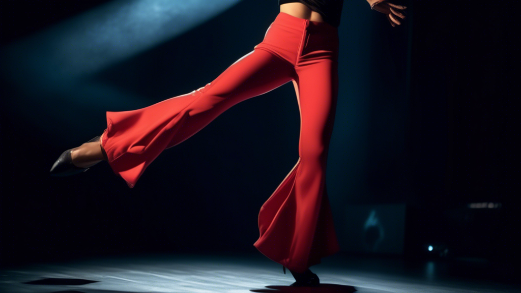 A photo of a person wearing flared jazz pants, with the legs of the pants billowing out around them. The person is dancing or posing, and the pants are a key part of their look. The background is a st