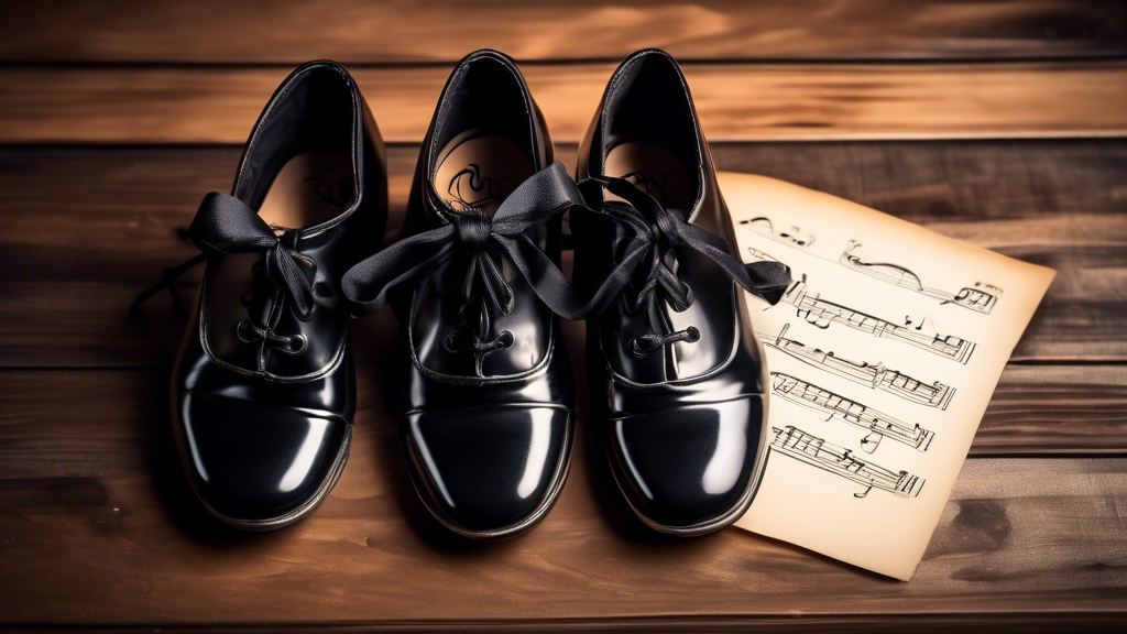 A pair of shiny, black tap shoes with a buckled strap, standing upright on a wooden floor, with a sheet of music in the background