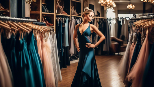 An elegant and sophisticated ballroom dancer wearing a flowy gown or tailored suit, posing confidently in a boutique filled with a variety of dance apparel and accessories, surrounded by racks of dres