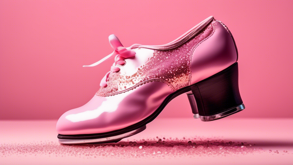 Create a vibrant and eye-catching image of a pair of breathable tap shoes on a light pink background. The shoes should be shown in motion, with tap plates pounding the ground and creating a spray of p