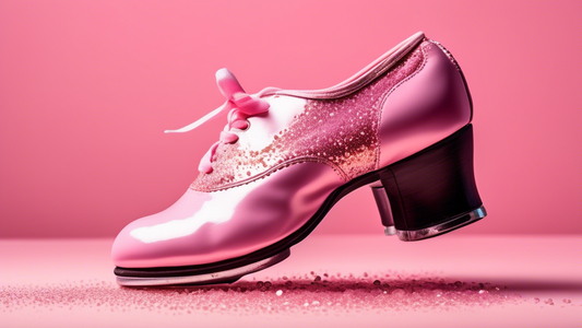 Create a vibrant and eye-catching image of a pair of breathable tap shoes on a light pink background. The shoes should be shown in motion, with tap plates pounding the ground and creating a spray of p
