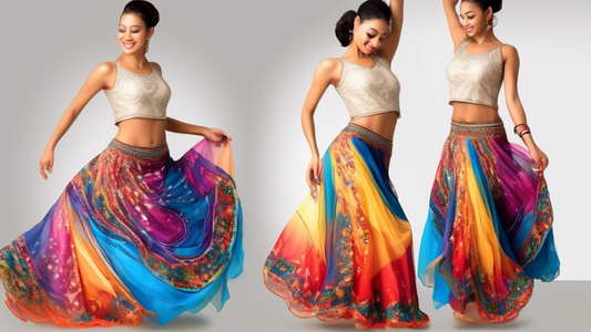 A vibrant and dynamic dance skirt with swirling patterns and flowing fabrics, creating a captivating illusion of movement and grace. The skirt should be adorned with intricate embroidery, beads, and s