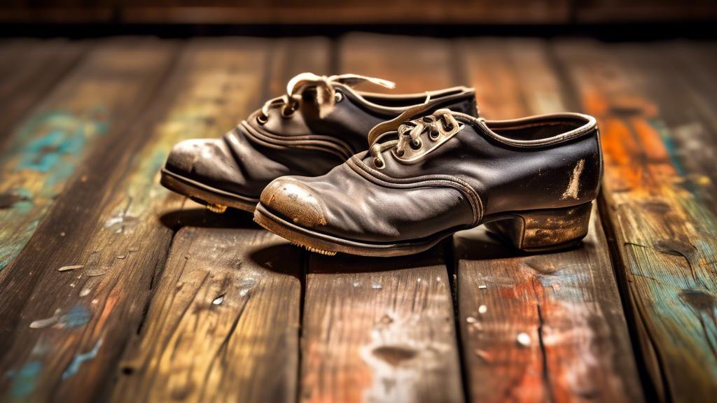A pair of well-worn tap shoes with close-up details showcasing the scuffs and scratches on the toe and heel taps, set on a weathered wooden dance floor.