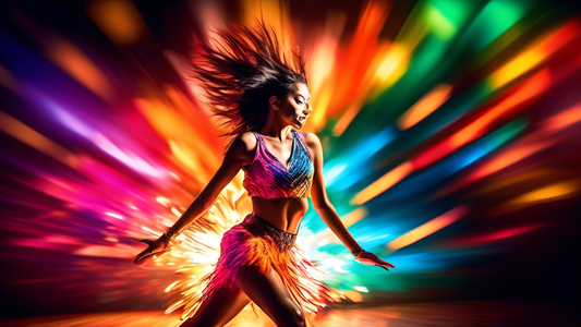 An explosion of color and movement: stage lights illuminating a woman in a vibrant Latin dance top, hips swaying passionately, background filled with blurred motion and energy.