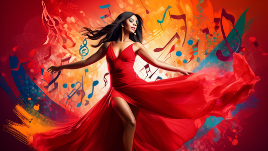 An elegant Latin dancer poses in a flowing red dress, surrounded by musical notes and colorful patterns. The background is a vibrant blend of Latin-inspired colors and textures, capturing the essence 