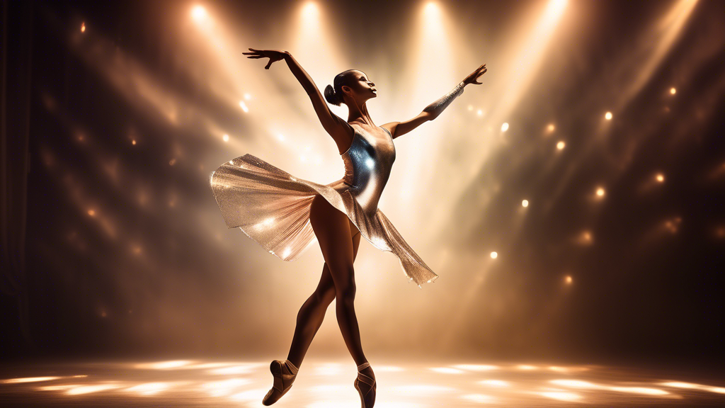 A graceful dancer on stage in a sparkling metallic leotard that reflects the stage lights, creating an ethereal and radiant glow. The leotard should accentuate the dancer's body and movements, highlig