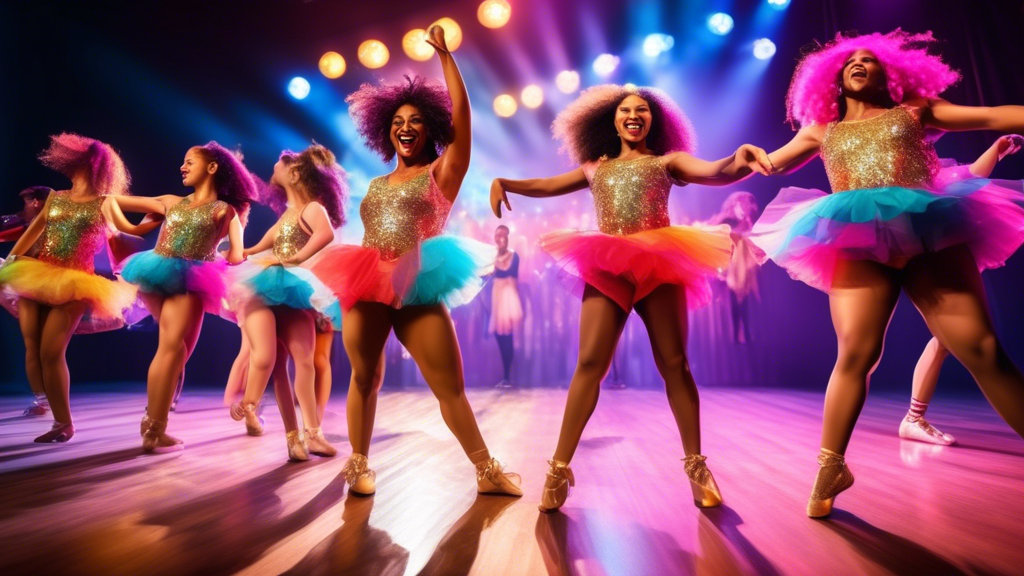 A group of diverse dancers wearing colorful and sparkly dancewear, including tutus, leotards, tights, and shoes, performing on a stage with a cheering audience in the background.