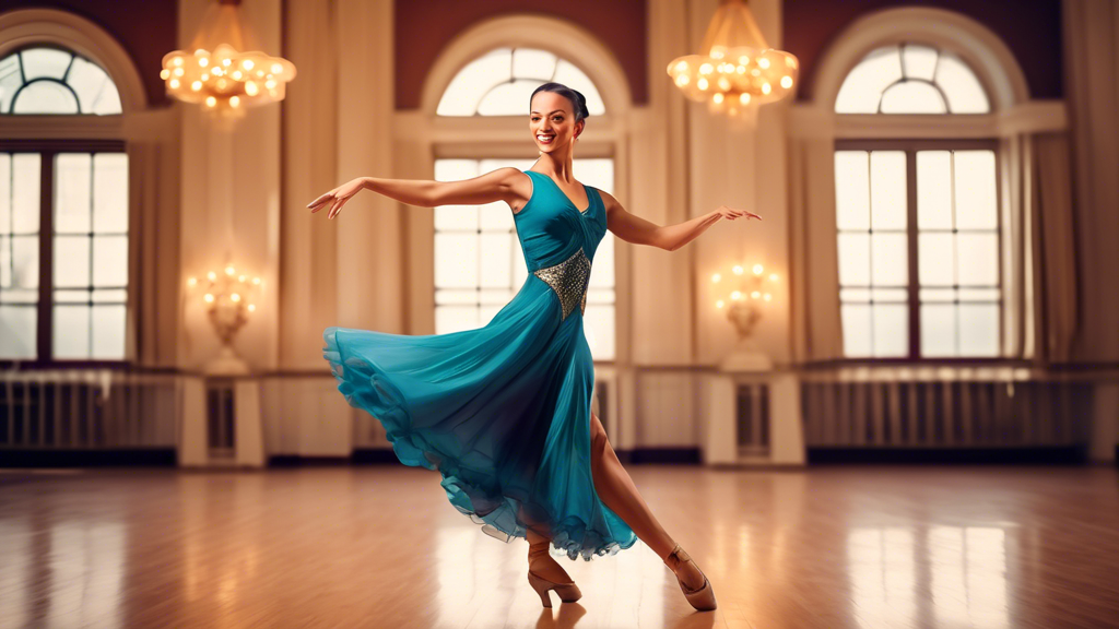A beautiful woman wearing comfortable ballroom dance shoes, twirling in a dance pose in a grand ballroom