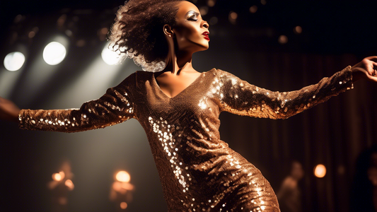 Capture the mesmerizing presence of a performer on stage, adorned in a sequined and shimmering jazz top that exudes glamour and allure.

Add dynamic and captivating lighting effects to accentuate the 