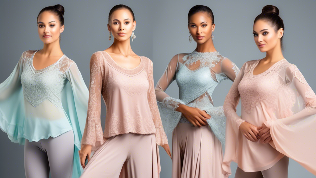 A collection of ethereal ballroom practice tops adorned with flowing fabrics, intricate lace details, and delicate embellishments, capturing the essence of grace and poise.