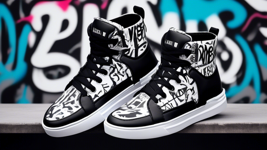 A pair of vegan dance sneakers in a hip hop style, with a black and white color scheme, and a graffiti-inspired design on the sides.