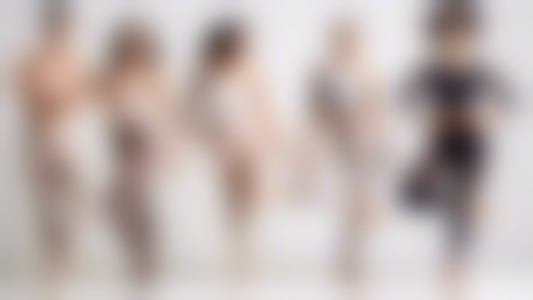Create an image of four dancers of different body shapes, each wearing dance wear from a different top dance wear brand. The dancers should be elegantly posing in motion, showcasing the fit and style of the dance wear to suit their unique body shapes