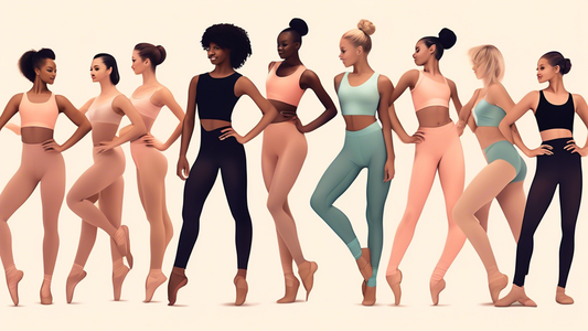 Create an image of a diverse group of dancers wearing the top 5 dance wear styles for shape enhancement. Include dancers in leotards, unitards, high-waisted leggings, crop tops with high-waisted bottoms, and form-fitting dance tops with booty shorts.