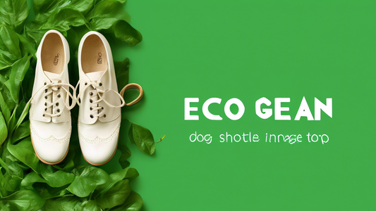 A pair of tap shoes made from sustainable materials, such as recycled rubber, vegan leather, and bamboo, with a leafy green background and the words Go Green With Eco Tap Shoes.