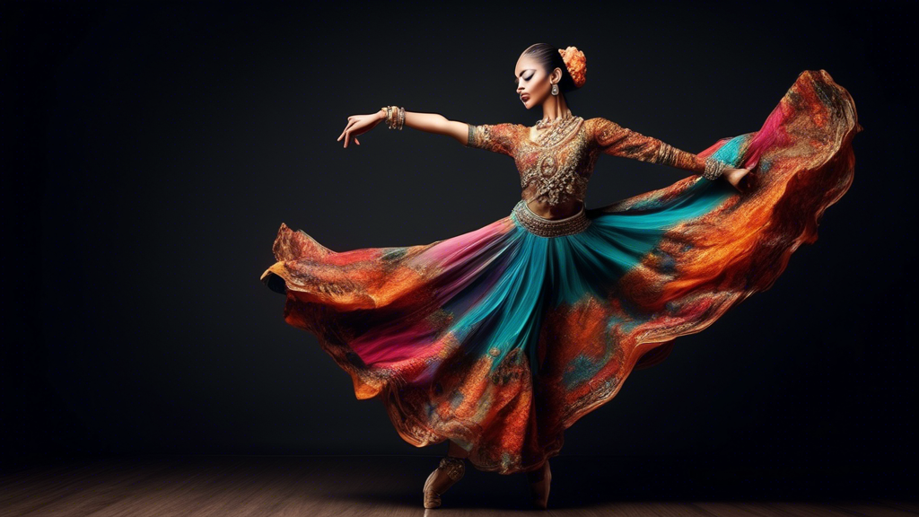 An elegant dancer adorned in intricate and exquisite jewelry, capturing the movement and grace of dance. The jewelry should complement the dancer's outfit and enhance the rhythm and flow of their perf