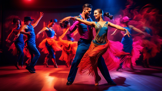 A vibrant and energetic Latin dance performance featuring dancers in stylish and eye-catching apparel, captured in a dynamic and captivating action shot. The clothing should showcase the latest trends