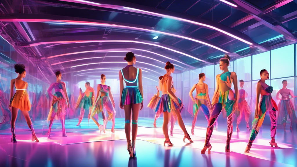 Create an image of a futuristic dancewear manufacturing facility that utilizes sustainable practices, such as solar panels, recycling systems, and eco-friendly fabrics. Show dancers wearing innovative and stylish sustainable dancewear while showcasin