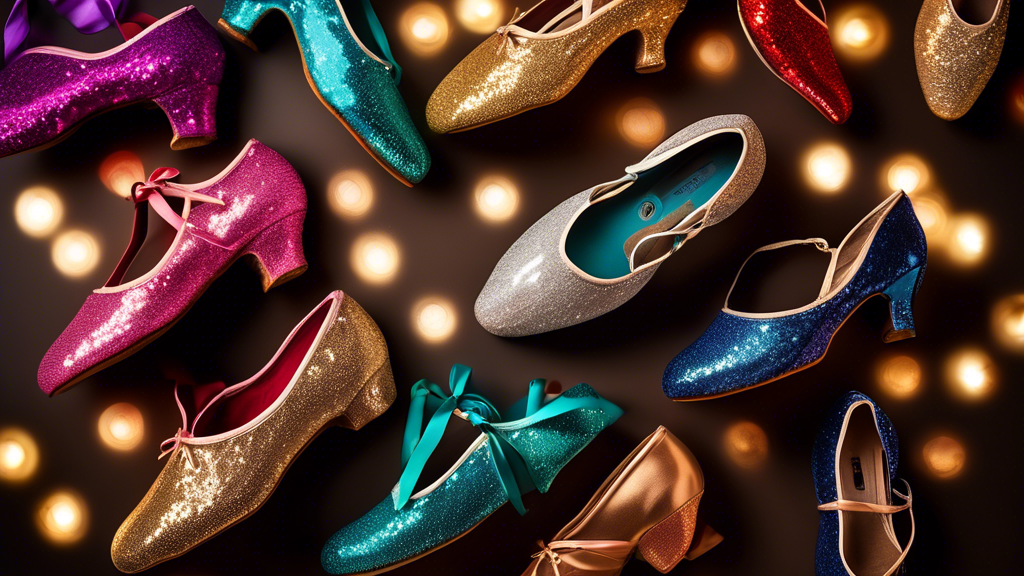 Sparkling and stylish ballroom dance shoes in various colors and designs, arranged on a dance floor with twinkling lights overhead