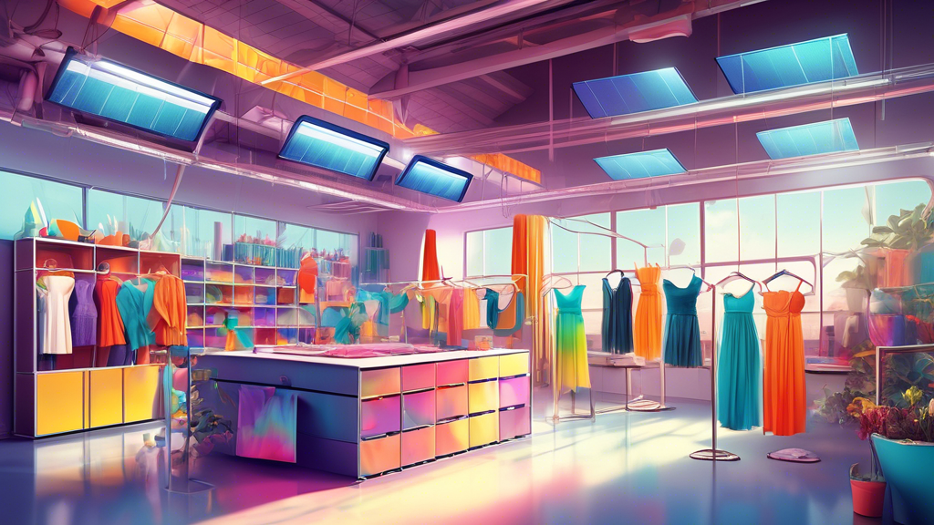 Create an image of a futuristic dancewear factory that showcases sustainable practices, such as solar panels on the roof, employees using eco-friendly materials, and recycling bins for fabric waste. The design should emphasize a clean and modern appr