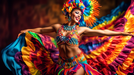A vibrant and energetic image of a Latin dance performer wearing a colorful and elaborate costume. The outfit should be designed for performance and movement, with flowing fabrics and intricate beadwo