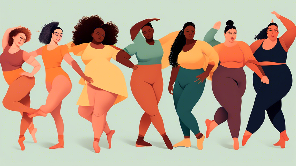 Create an image of diverse dancers wearing stylish dancewear from top brands that emphasizes body positivity in their designs. Include a range of body types, skin tones, and dance styles to showcase the inclusivity and empowerment in the dance fashio