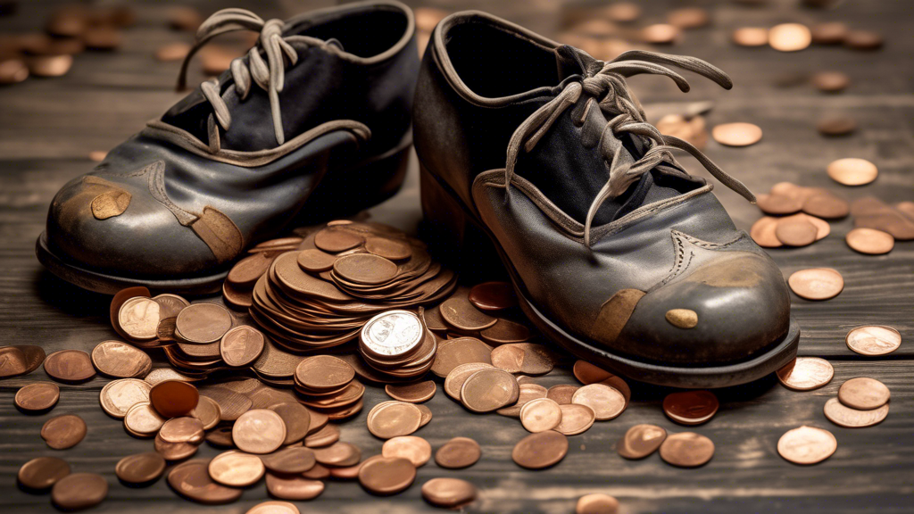 A pair of worn-in tap shoes with scuffed soles, surrounded by rolls of pennies and a small money tree in the background, on a wooden stage