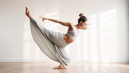 A graceful dancer in a flowing yoga outfit, striking a dancer's pose against a backdrop of a serene yoga studio. The outfit should be stylish and comfortable, featuring flexible fabrics and breathable