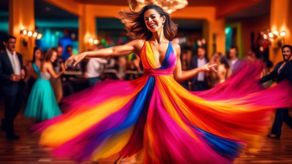 A glamorous woman gracefully dancing salsa in a flowing, brightly colored salsa dress, surrounded by a vibrant and energetic ballroom atmosphere.