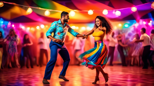 A vibrant and energetic image showcasing a salsa dancing couple. The woman is wearing a flowy, colourful skirt with a crop top, while the man is wearing loose-fitting pants and a button-down shirt. Th