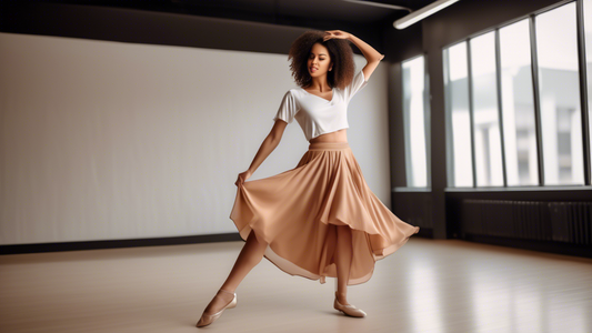 A photo of a woman wearing a classy, versatile top and skirt outfit, posing in a dance studio. The outfit is elegant and sophisticated, yet comfortable and flexible enough for movement. The background