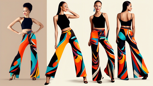 A pair of stylish and trendy wide-leg, high-waisted jazz pants with a bold, eye-catching pattern inspired by the vibrant energy of jazz music. The pants should exude a sense of movement and expression