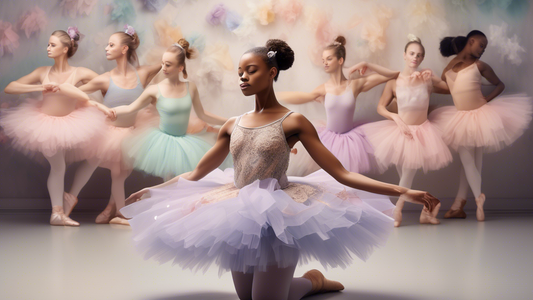 An ethereal portrait of a dancer in a studio, surrounded by a floating array of customizable options: tutus in various colors and styles, ballet shoes with different ribbons and embellishments, and ac