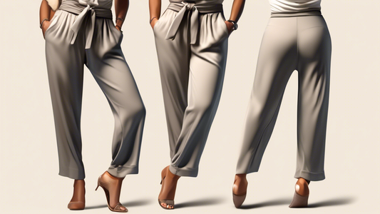 A photorealistic image of a stylish person wearing fashionable tie-waist jazz pants, showcasing the comfort and versatility of the garment. Focus on capturing the details of the pants, including the t