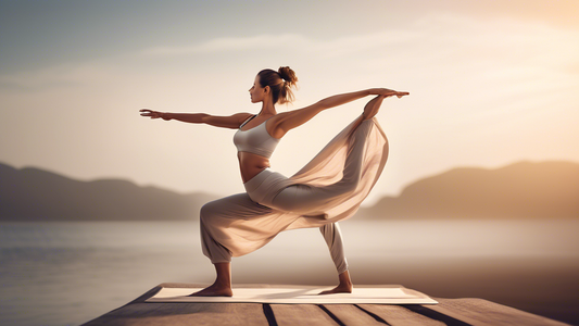 A woman in flowing yoga wear, striking a graceful pose in a serene setting. The clothing complements her movements, creating a harmonious visual of flexibility and grace. The image exudes an aura of t