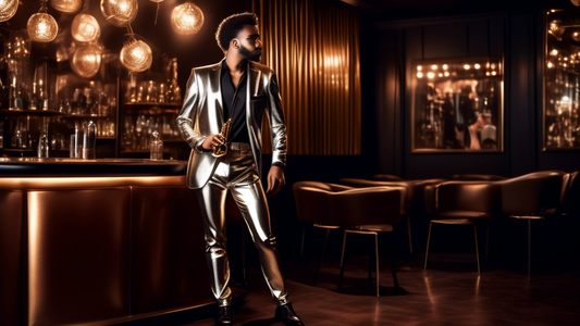 A photorealistic image of a stylish person wearing metallic and shiny pants, posing in a jazz club with a saxophone placed on a table in the background. The image should convey a sense of rhythm and e