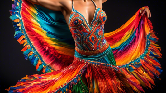 A mesmerizing Latin dance costume, custom-made for a stage performance. The costume features vibrant colors, intricate beading, and flowing fabric that accentuates the dancer's movements. The image ca