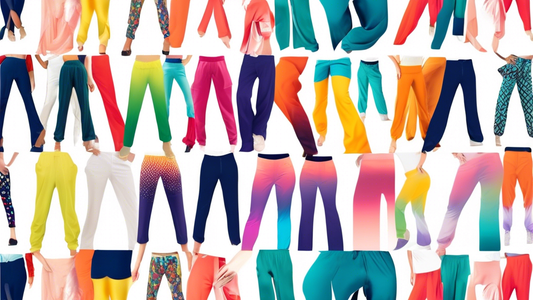 A wide variety of colorful and stylish dance pants, arranged in a visually appealing way, highlighting the different styles and designs available. They should be shown on a light background that allow
