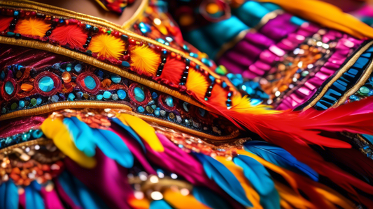 A vibrant and detailed close-up photograph of a Latin dance performance costume, adorned with intricate beadwork, feathers, and colorful textiles. The costume should showcase the beauty and expressive
