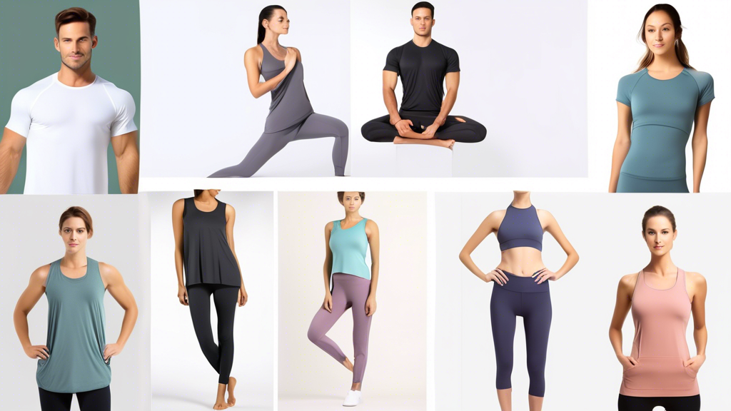 A collage of different types of breathable yoga clothing options for both men and women, such as Moisture-wicking fabrics, Natural fibers like cotton, and bamboo, Stretchy and flexible materials, Loos