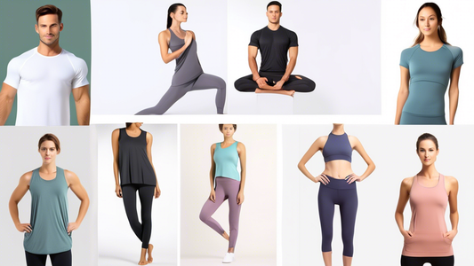 A collage of different types of breathable yoga clothing options for both men and women, such as Moisture-wicking fabrics, Natural fibers like cotton, and bamboo, Stretchy and flexible materials, Loos