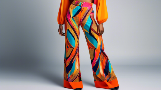 Photograph of a pair of brightly colored, wide-legged pants with a high waist, designed for comfort and freedom of movement during extended jazz playing sessions. Capture the essence of the jazz music