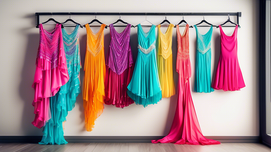 An array of colorful, flowing, and affordable Latin dance attire, such as dresses, skirts, tops, and accessories, arranged on a rack and hanging on a wall in a dance studio.